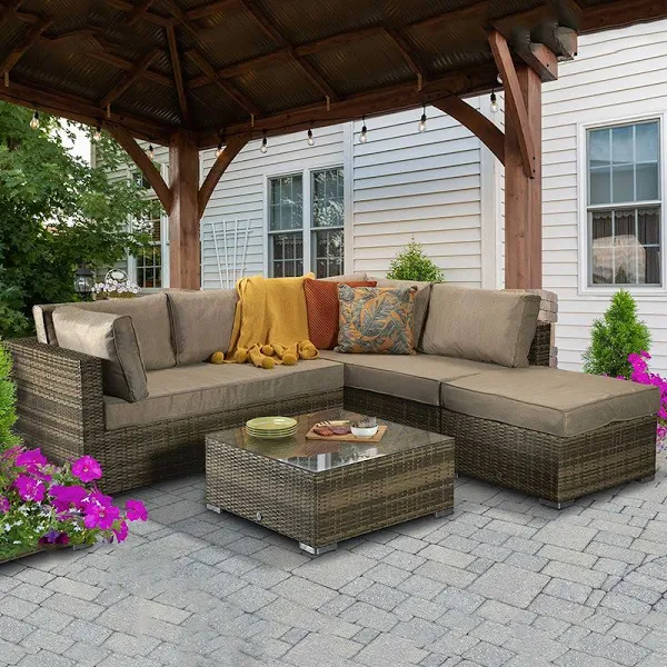 Savannah Outdoor Patio Garden Lounge Corner Wicker Sofa Set Brown
