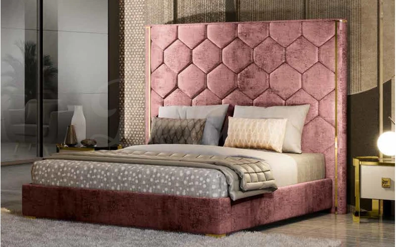 Honey Tall Headboard Designer Italian Bedframe in fabric